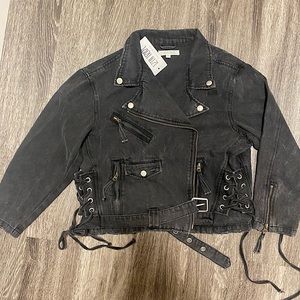 12th Tribe Jet Setter Black Denim Jacket NWT